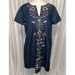 Pendleton Dress Size L Denim Embroidered Pockets V-neck Shift
